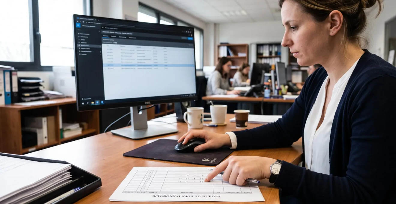 Collaborateur identifiant une anomalie sur un document fictif et remplissant une fiche de suivi