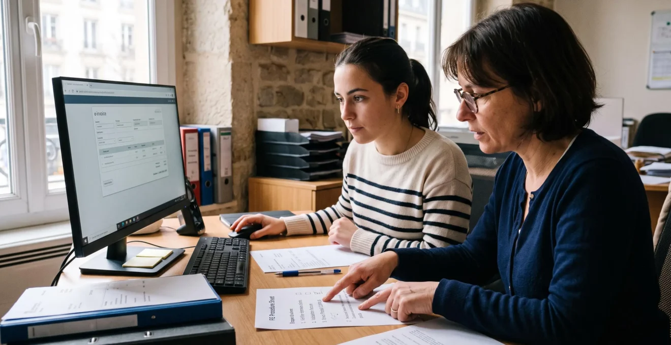 Deux comptables s’entraînent à contrôler une facture électronique sur un poste de travail