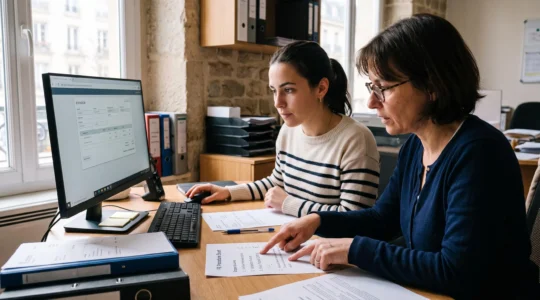 Deux comptables s’entraînent à contrôler une facture électronique sur un poste de travail