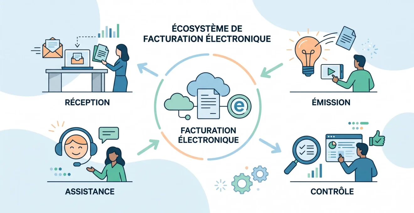 Schéma conceptuel reliant les fonctions comptables aux tâches de facturation électronique.